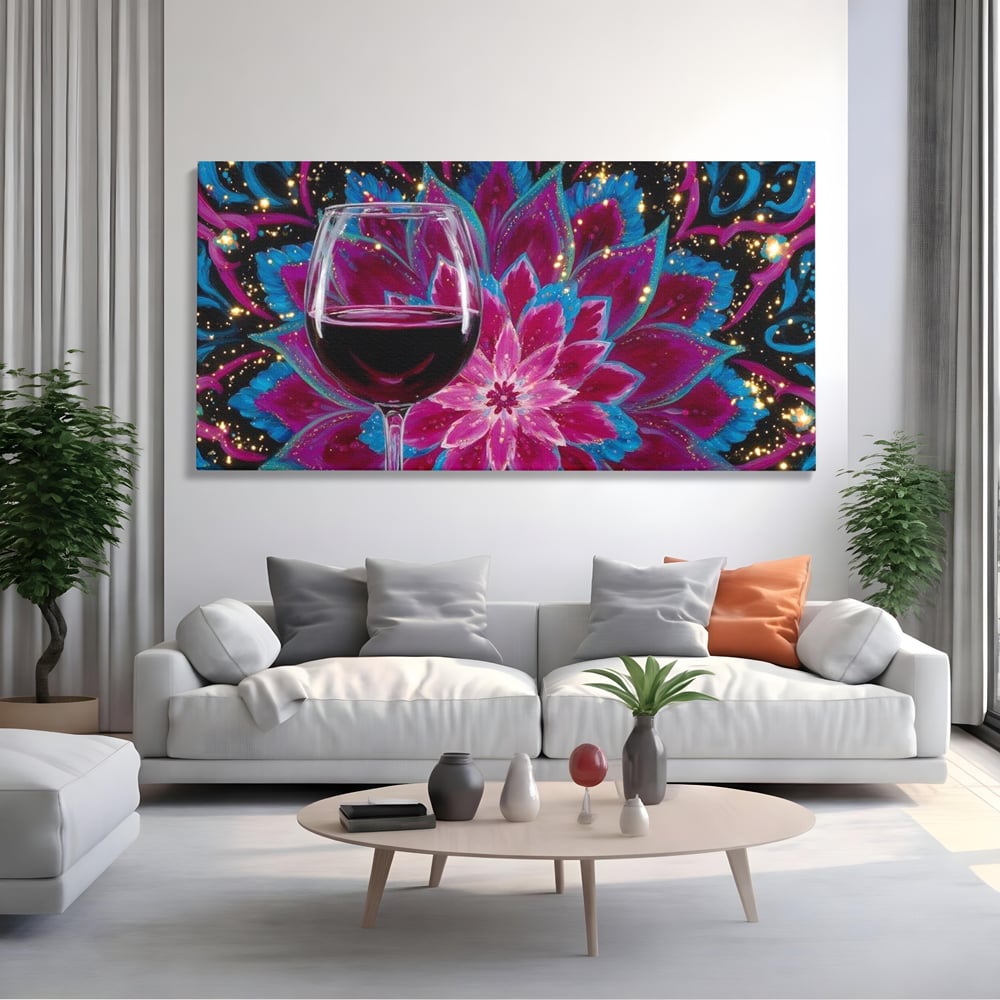 Tablou canvas cu tablou canvas cu pahar de vin si mandala, fara rama, pe sasiu de lemn, pe perete intr-un living